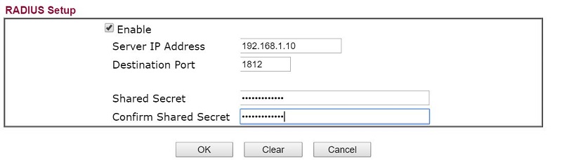 The IP and secret key settings on RADIUS client